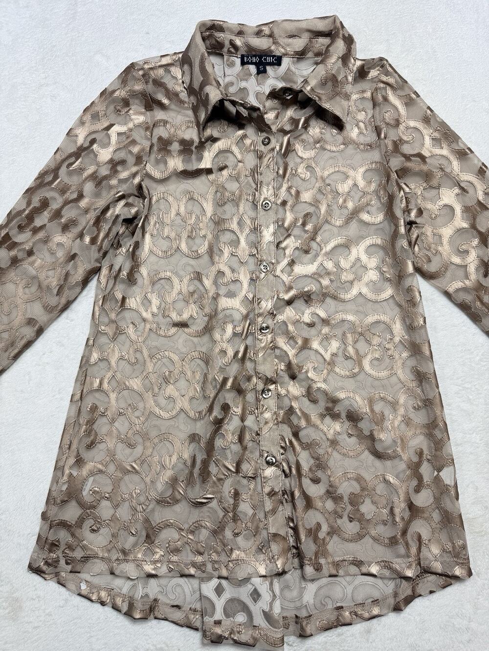 Boho Chic Tan Lace Devore Velvet Burnout Button Up Blouse Shirt Womens Size S